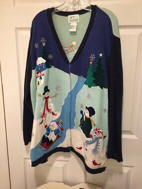 Quacker Factory Plus Size Christmas Sweater Cardigan 3X Holiday Snowmen Festive